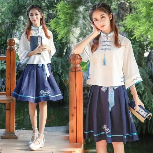Chinese Traditional Fairy Hanfu Women Ancient Retro Folk Dance Stage Outfit Costume Elegant Embroidered Han Elements Student Set