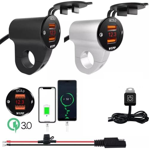Waterproof 12V Motorcycle QC3.0 Dual USB Charger Ports Power Adapter with Digital Voltmeter for Smartphones, Tablets and GPS