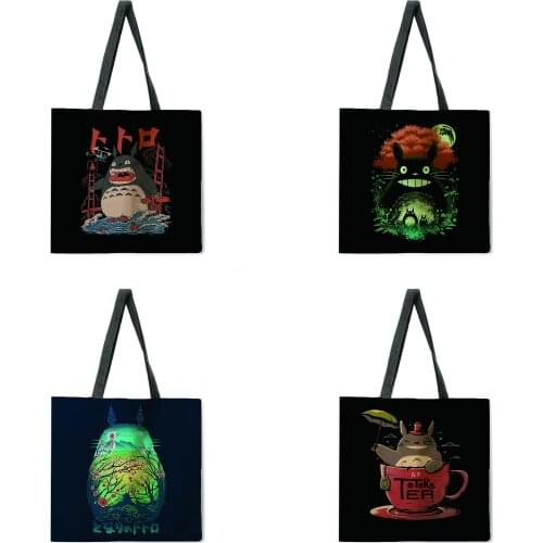 Japanese My Neighbor Totoro Cartoon Print Tote Bag Leisure Beach Bag Linen Fabric Reusable Shopping Bag