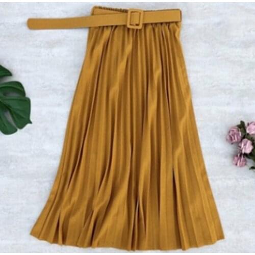 High Waist Women Skirt Casual Vintage Solid Belted Pleated Midi Skirts Lady 4 Colors Fashion Simple Saia Mujer Faldas