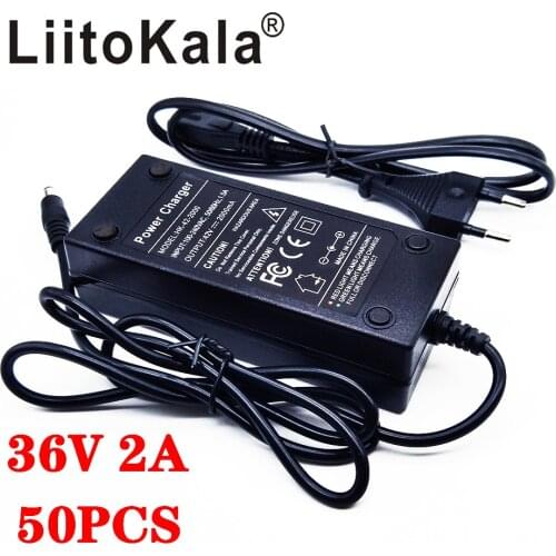 50pcs LiitoKala 36V 2A 18650 charger Output 42V 2A Charger Input Lithium Li-ion Li-poly Charger For 10Series 36V Electric Bike
