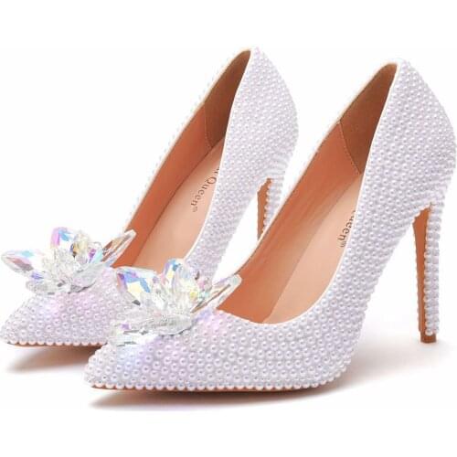 2021 New arrival 11cm sandals for women beige pearl high-heeled shoes with rhinestones stiletto heel large size womens shoes