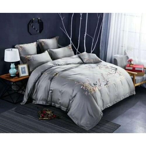 100S Egyptian Cotton Luxury Embroidery Grey Bedding Set 4/6pcs King Queen Wedding Bed Sheet Cover set Duvet Cover pillowcase