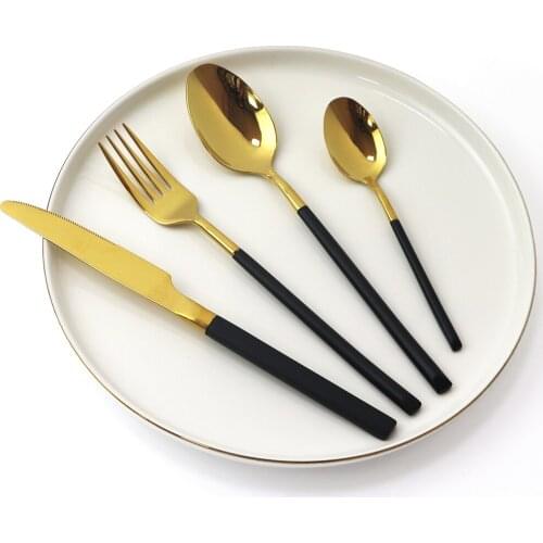 24 Pcs/Set Luxury Black Gold Dinnerware Set 304 Stainless Steel Tableware Set Dinner Black Handle Cutlery Set Knife Spoon Fork