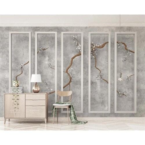 Customized 3d wallpaper gray cement wall box branch flower mural 3d papel de parede living room bedroom TV background wall paper