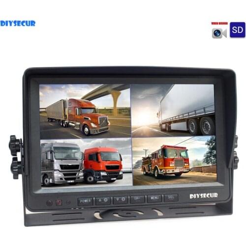 DIYSECUR AHD 4PIN 9" IPS 4 Split Quad LCD Screen Car Rear View Monitor Support 1080P AHD Camera with SD Card Video Recording