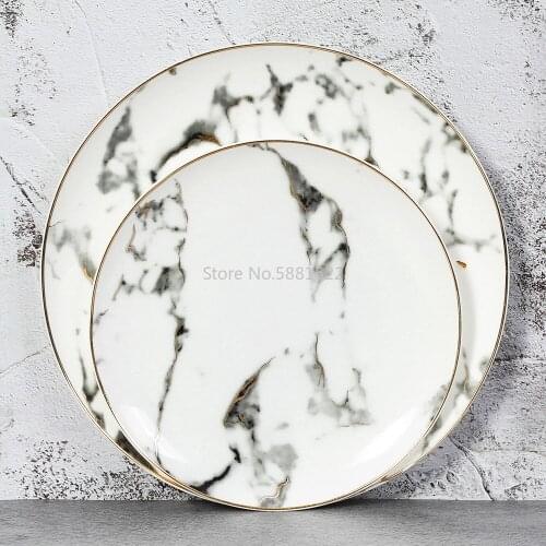 European 4pcs Marble Ceramic Round Gold Inlay Bone China Plate Steak Dessert Porcelain Plates Dishes Home Kitchen Dinnerware Set
