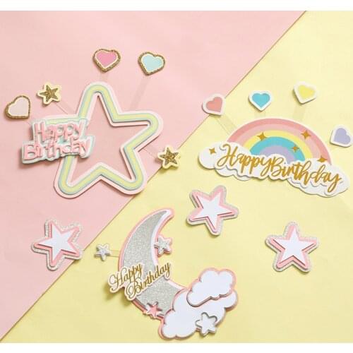 5 Types New Paper Happy Birthday Cake Topper Three-layer Moon Stars Rainbow Cake Topper for Kids Birthday Party Cake Decorations