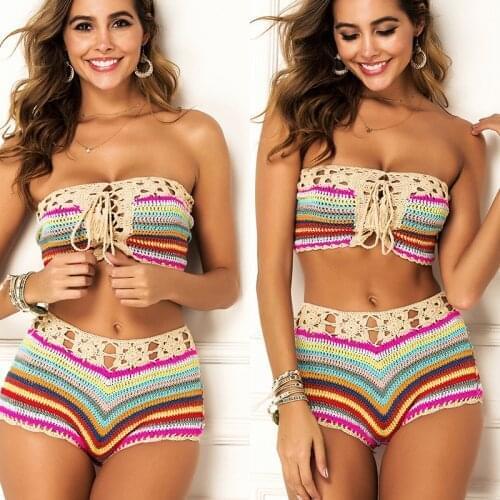 CROCHET BIKINI Fashion Colorful Stripes Bathing Suit Sexy Women Crochet Bikini Set Swimwear Crochet Crop Top & Shorts