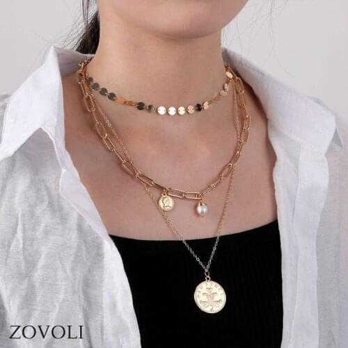 ZOVOLI Y2K Grunge 3 Layer Gold Disc Charms Choker Necklaces For Women Carved Coin Pendant Necklace Box Chain With Pearl Pendants