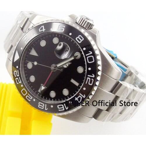 Sapphire Glass BLIGER 43MM Black Sterile Dial Ceramic Bezel GMT Function Luminous Marks Automatic Movement Mens Watch B308