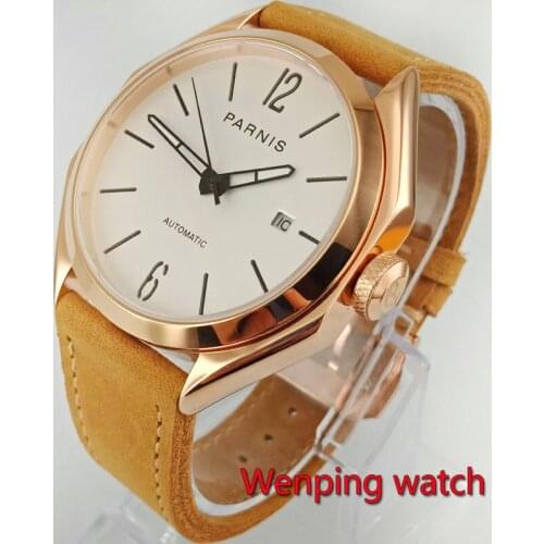43mm PARNIS wrist White Dial Rose Golden Plated Luminous Hands Sapphire Glass Date Miyota 821A Movement mens Watch W2773