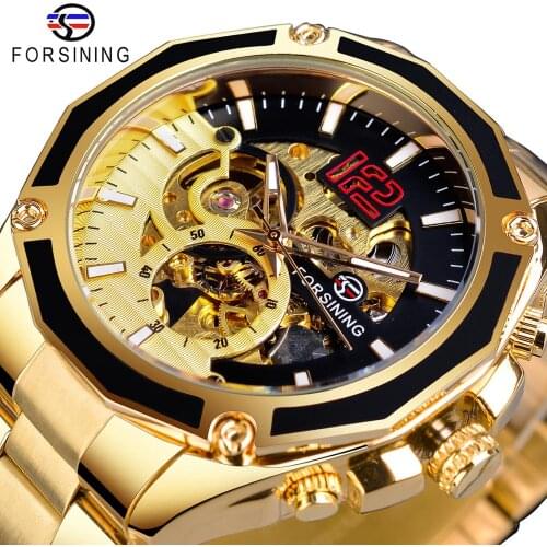 Forsining Transparent Open Work Golden Stainless Steel Mens Automatic Sport Wristwatch Mechanical Skeleton Top Brand Luxury Hour