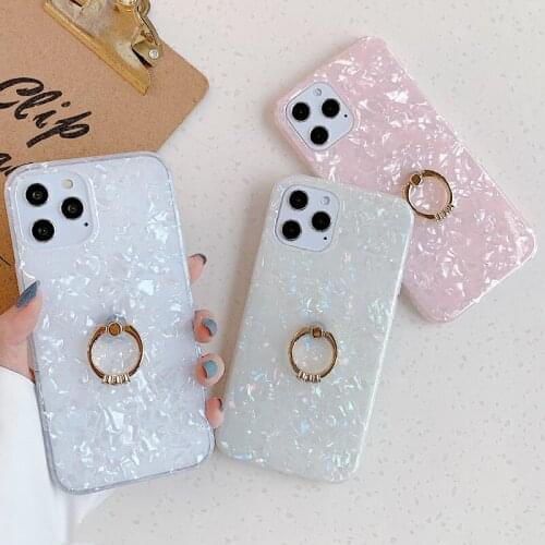 Glitter Shell Pattern Soft TPU Phone Case for iPhone 12 Mini 11 Pro XS Max XR SE 2020 Fashion Finger Ring Stand Holder Cover