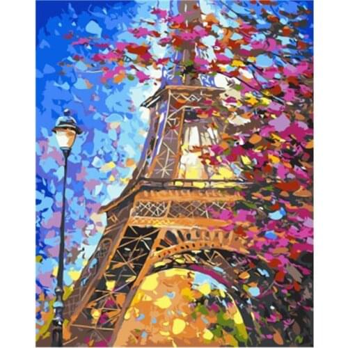 GATYZTORY DIY painting by numbers with frame for adults Paris Cherry Blossom Tower acrylic paints for painting on Canvas art dec
