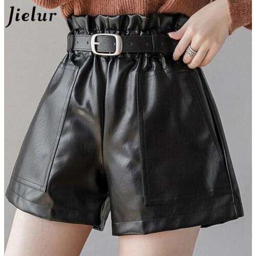 Jielur PU Autumn Winter Women Shorts Slim High Waist Solid Color Shorts Womens Chic Korean Belt Leather Short Trousers S-XL