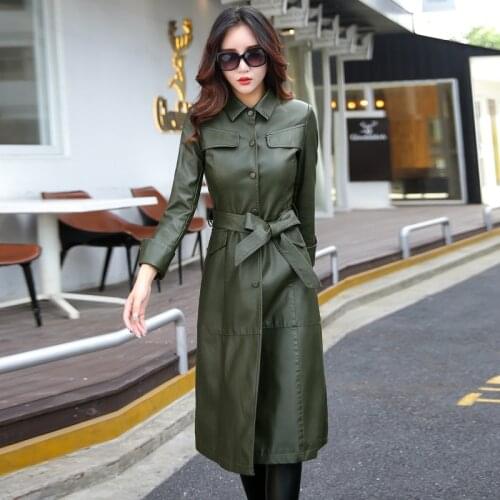Long Leather Jacket Women Fashion Coat Female Oversize Turn Collar Single Covered Button Outerwear Black Red Army Green