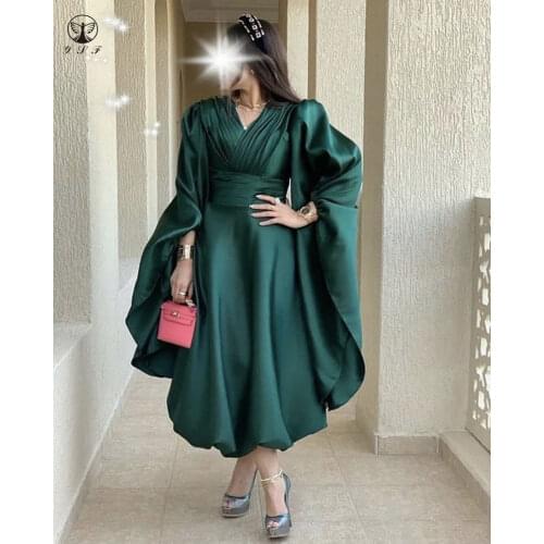 Fashion Dark Green V Neck Pleated Long Sleeve A Line Tea Length Prom Dresses 2020
