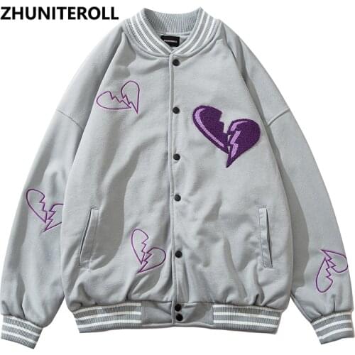 2021 Harajuku Broken Heart Embroidery Jacket Men Bomber New Fashion Casual Baseball Coats Streetwear High Street Tops Clothing