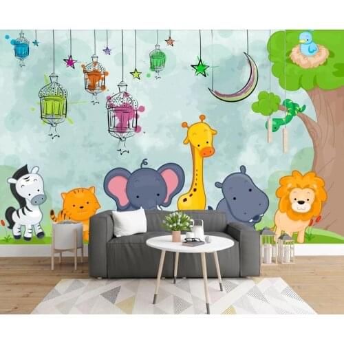Custom 3D mural wallpaper Nordic modern minimalist hand-painted cartoon animal world childrens room mural background wall