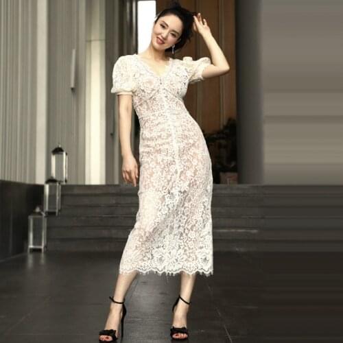 Women Dress White Lace V-neck Puff Sleeve Rhinestone Decoration Temperament Mid-length Dress