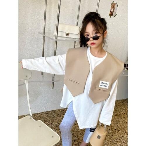 Baby Girl Net Red Suit Vest Autumn 2021 New Childrens Hong Kong Style Waistcoat Irregular T-shirt Casual Two-piece Suit