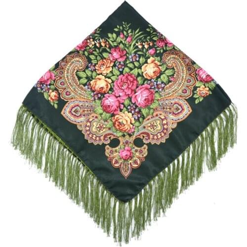 90*90cm Women Russian National Square Scarf Big Size Floral Print Scarves Female Retro Tassel Blanket Shawls Wraps Foulard Pareo
