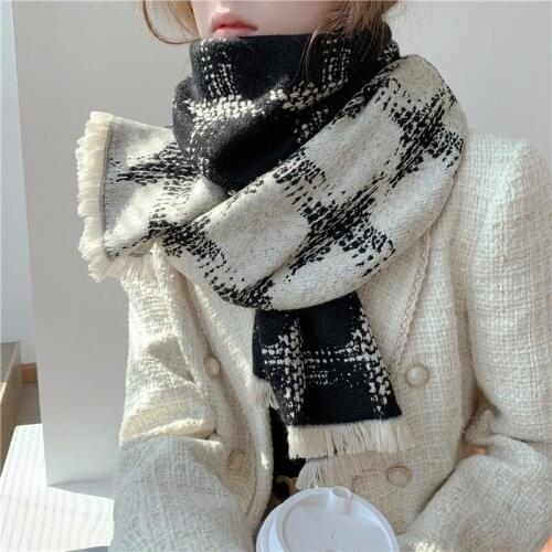 Luna&Dolphin Women Winter Warm Scarf Woolen Knitted Classic Black White Plaid Imitation Cashmere Tippet Pashmina Blanket Shawl