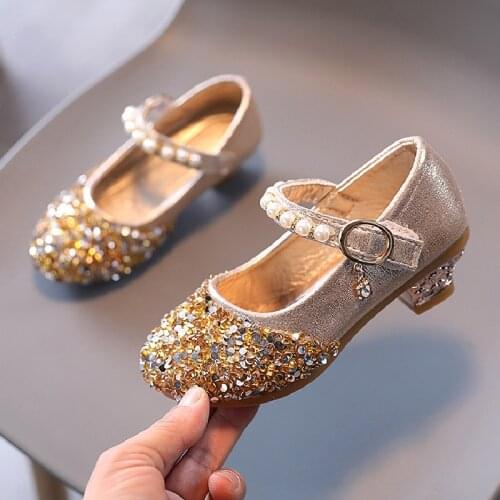 Heel Shoes For Kids Girls Princess Leather Dance Party Dress Pearls Shoes Shiny Glitter High-Heeled Fashion zapato de fiesta