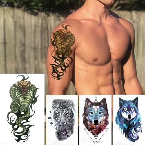3D Snake Temporary Tattoos Sticker For Men Adult Body Arm Arm Tattoos Realistic Fake Flash Tiger Wolf Tatoos Paste Long Lasting