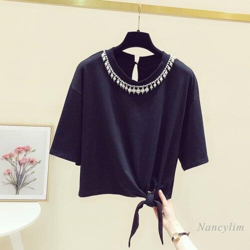 Beaded Crew Neck Short Sleeve T-shirt Womans 2021 Summer Lace-up Waist Loose Short Black White Tees Top Girls Ladies Clothes