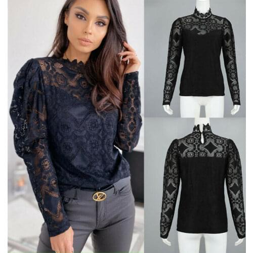 Ladies Casual O-Neck Long Sleeve Hollow Out Floral Lace Patchwork Casual Tops Lace Floral Tops Turtleneck Blouse