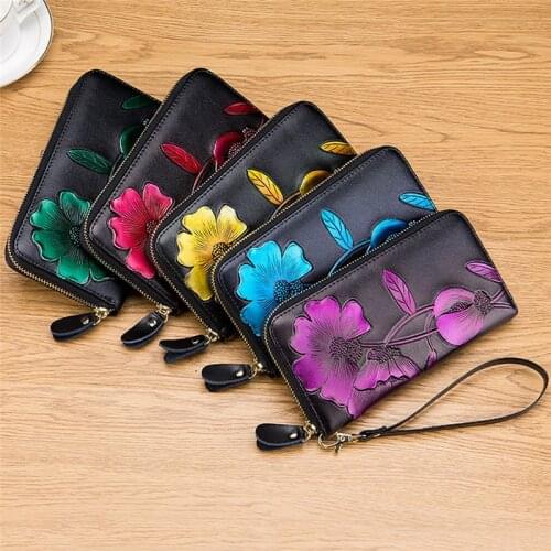 Flower Print Women Clutch Wallet For Women Female Cow Leather Purse Card Holders Coin Phone Pocket Long Wallets Bolsas