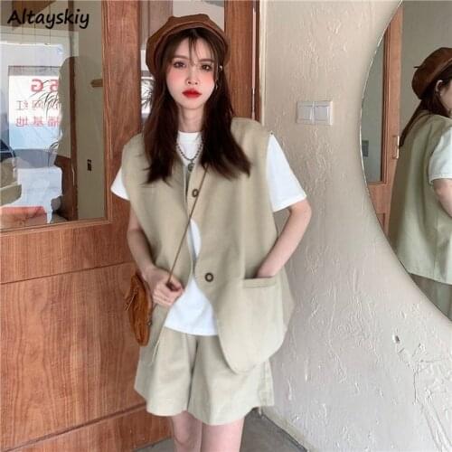 Short Sets Women Summer 2021 New Fashion Casual Loose Wide Leg Sleeveless Solid All-match Ins Chic Simple Outwear 2 Piece Outfit