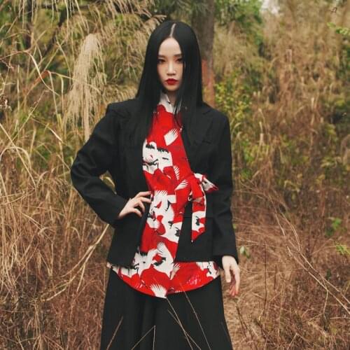 2021 Woman Japanese Kimono fake two pieces Coat Crane Print Suit Splicing Long Sleeves Jacket
