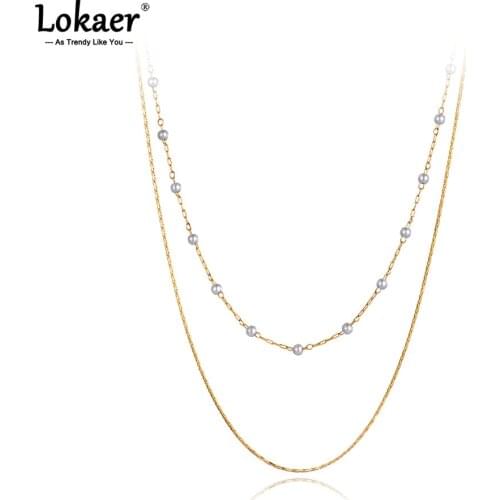 Lokaer Trendy Bohemia Stainless Steel Double Chain White Pearl Choker Necklace Vintage Jewelry For Women Collier Femme N21069