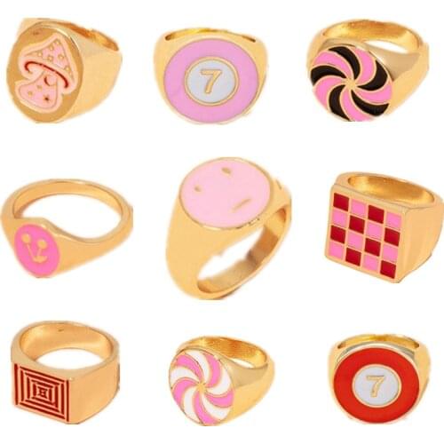 AOMU 1PC 2021 New Summer Geometric Irregular Square Round Rings for Women Men Pink Oil Drip Tulip Mushroom Rings Jewelry Gifts