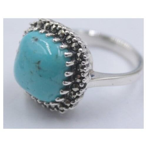 Pure 925 Sterling Silver with Prong set Natural Cushion Turquoise Ring For Woman Size from 5 to 12