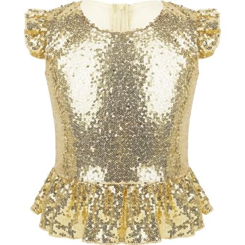 Kids Girls Sparkly Sequins Short Flutter Sleeves Tops Dancewear Carnival Birthday Party Stage Performance Jazz Dance Costume