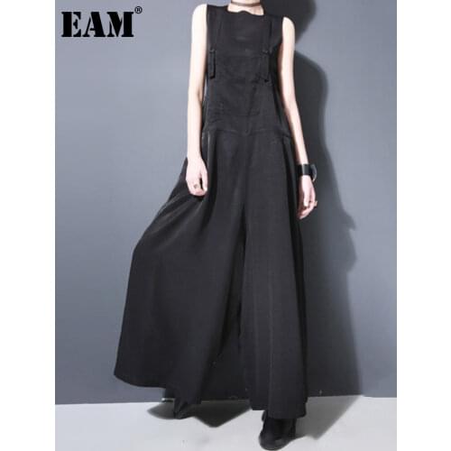 [EAM] 2021 New Spring Strapless Black Brief Button Loose Long Wide Leg Long Pants Women Overalls Fashion Tide JF913