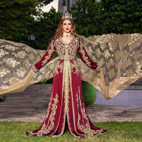 Red Elegant Moroccan Caftan Evening Dress V-Neck A-Line Floor Length Split Dress With Applique Saudi Arabia Prom Dresses