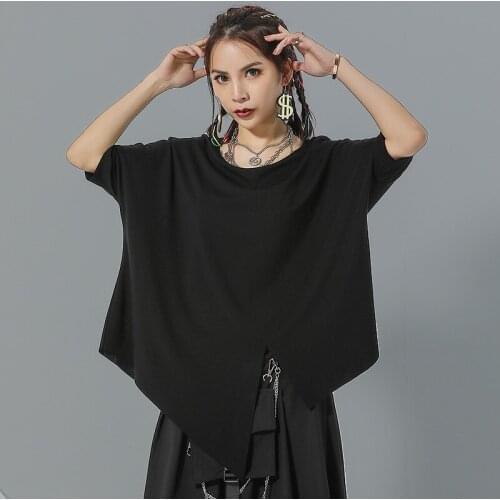 Ladies' summer classic dark, irregular split hem casual loose plus-size short sleeve T-shirt