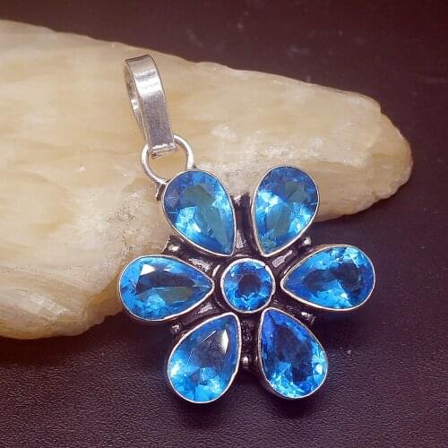 Gemstonefactory Jewelry Big Promotion 925 Silver Dazzling Ocean Blue Topaz Shiny Women Ladies Gifts Necklace Pendant 0694