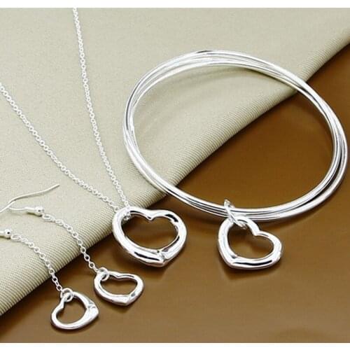 Silver 925 Set Wedding Jewelry Set Charm Heart Pendants Necklace Long Earring Bangles For Women Gift