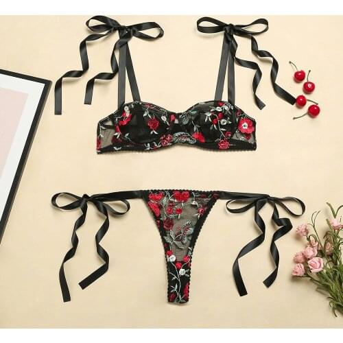 Sexy Floral Lingerie Set Lace Tie Shoulder Embroidered Mesh Bra Set String Bralette Briefs Transparent Underwear 2Pcs Set Women
