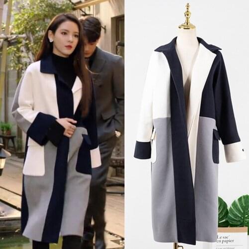 Kpop Korean Celebrity New Mid-length Woolen Trench Patchwork Wool Overcoat Women Warm Winter Outerwear Cashmere Cardigan Jackets