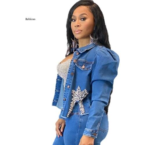 Crown Beading Tassels Patchwork Fashion Denim Coat Turn Down Collar Long Sleeve Crop Jackets Streetwear Buttons Up Slim Outwear