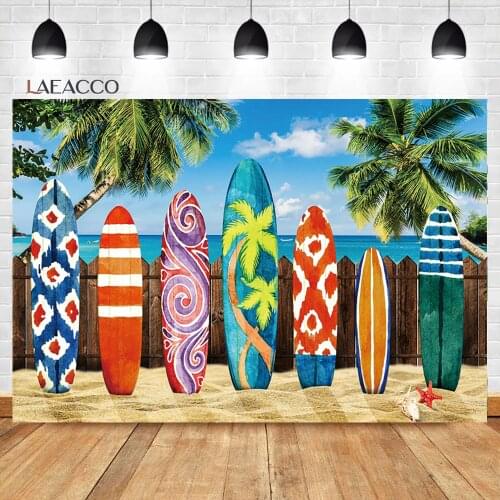 Laeacco Summer Tropical Beach Vacation Sea Surfing Photocall Background Child Poster Portrait Customized Photography Backdrops
