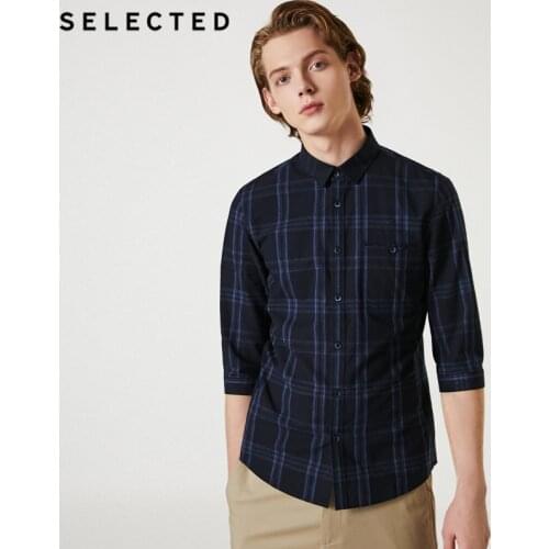 SELECTED Mens Slim Fit Checked Cotton Plaid 3/4 Sleeves Shirt S|419331501