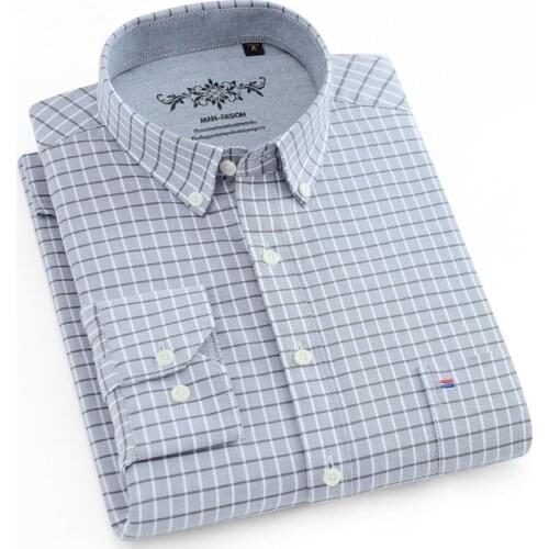 Mens Long Sleeve Gingham Shirts Plaid Checked Oxford Button-Down Shirt Single Patch Pocket Casual Thick Contrast Standard-Fit